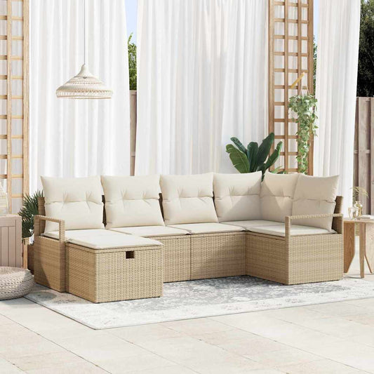 6-delige tuinset met kussens in beige poly riet