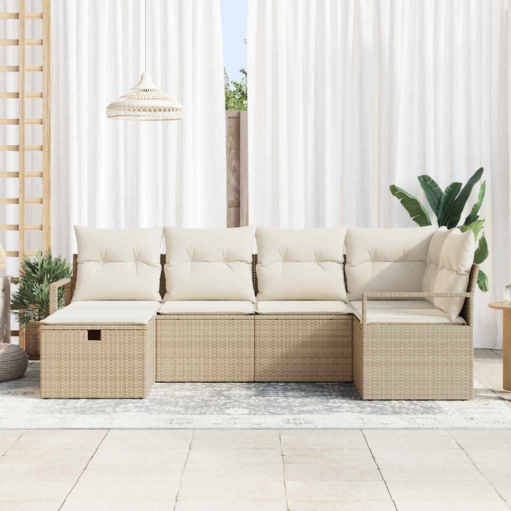 6-delige tuinset met kussens in beige poly riet