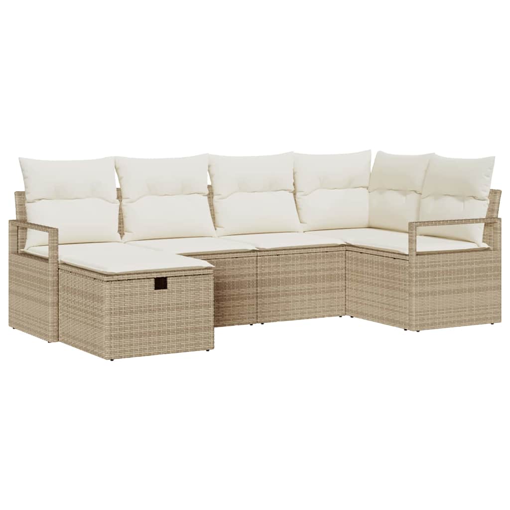6-delige tuinset met kussens in beige poly riet