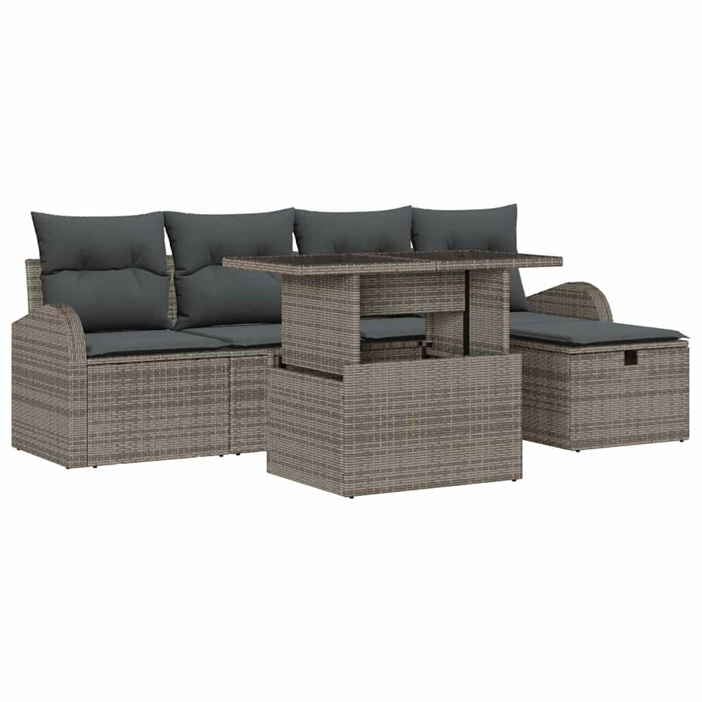 6-delige tuinset met kussens in grijs poly rattan