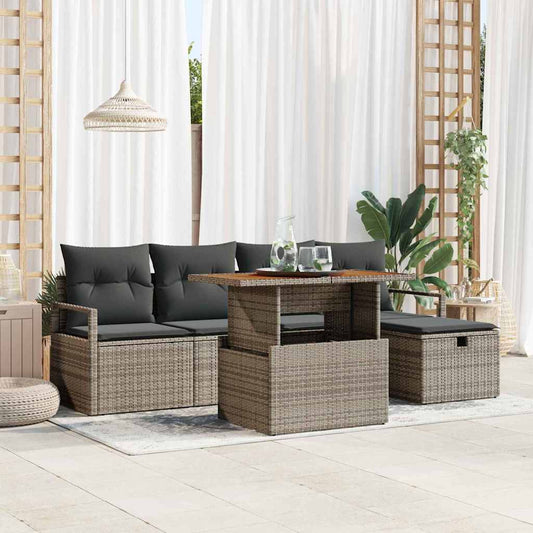 6-delige tuinset met kussens in grijs poly rattan