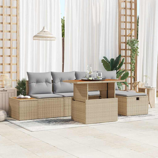 6-delige tuinset met kussens in beige poly rattan en acaciahout