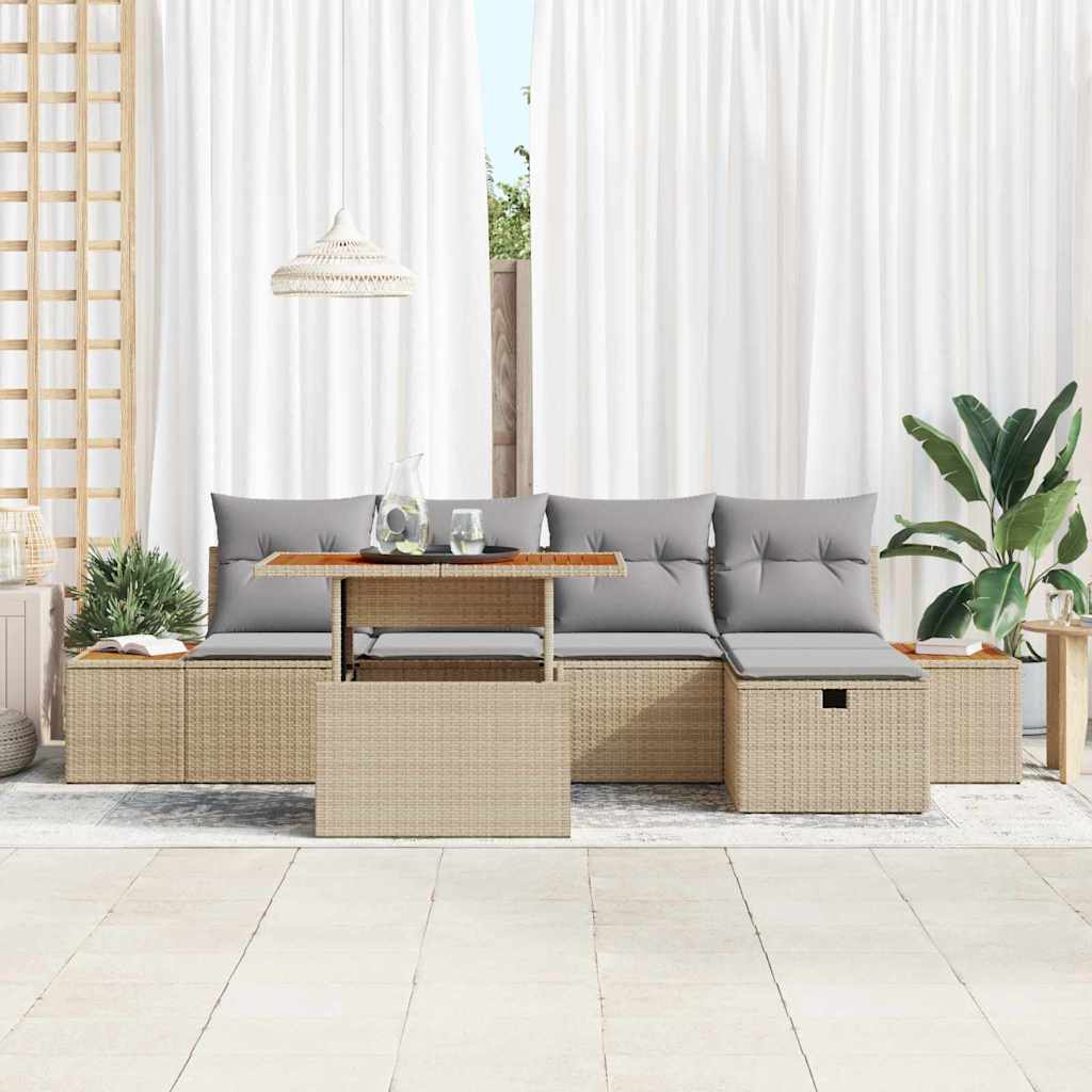 6-delige tuinset met kussens in beige poly rattan en acaciahout