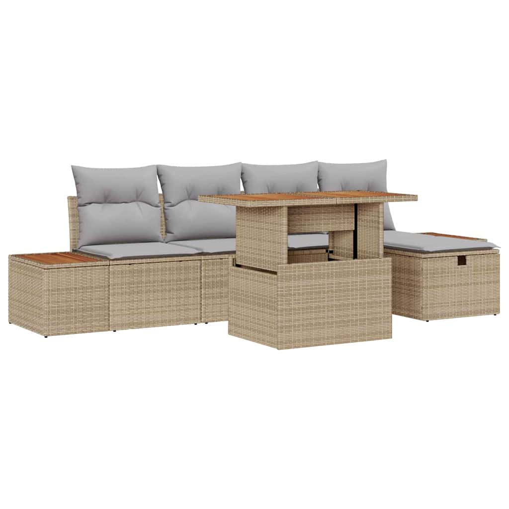 6-delige tuinset met kussens in beige poly rattan en acaciahout