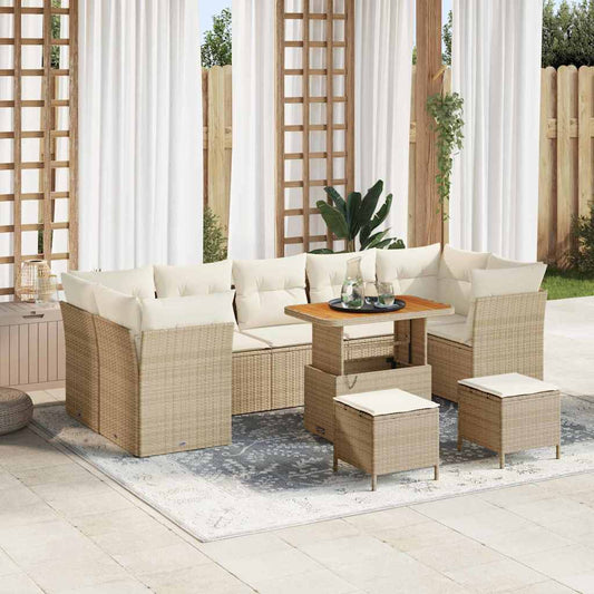 10-delig Tuin Sofa Set met Kussens in Beige van Poly Rattan en Acacia.