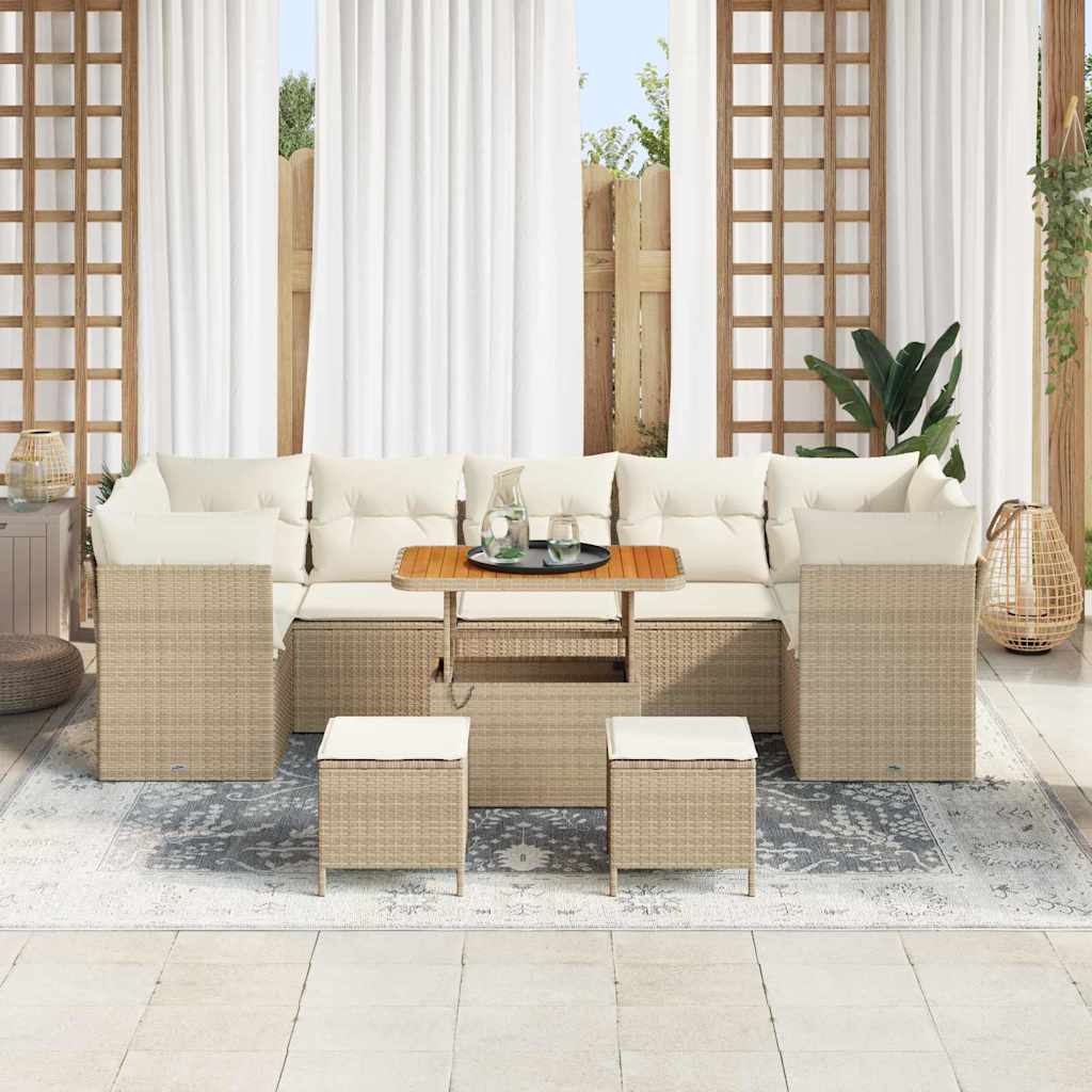 10-delig Tuin Sofa Set met Kussens in Beige van Poly Rattan en Acacia.