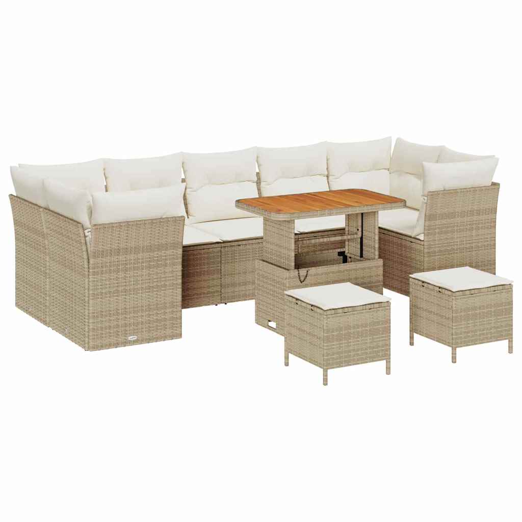 10-delig Tuin Sofa Set met Kussens in Beige van Poly Rattan en Acacia.
