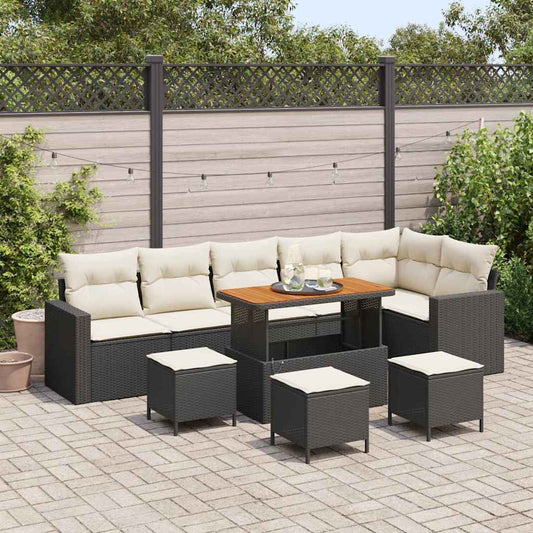 10-delig Tuinbankstel met Kussens in Zwart van Poly Rattan en Acacia