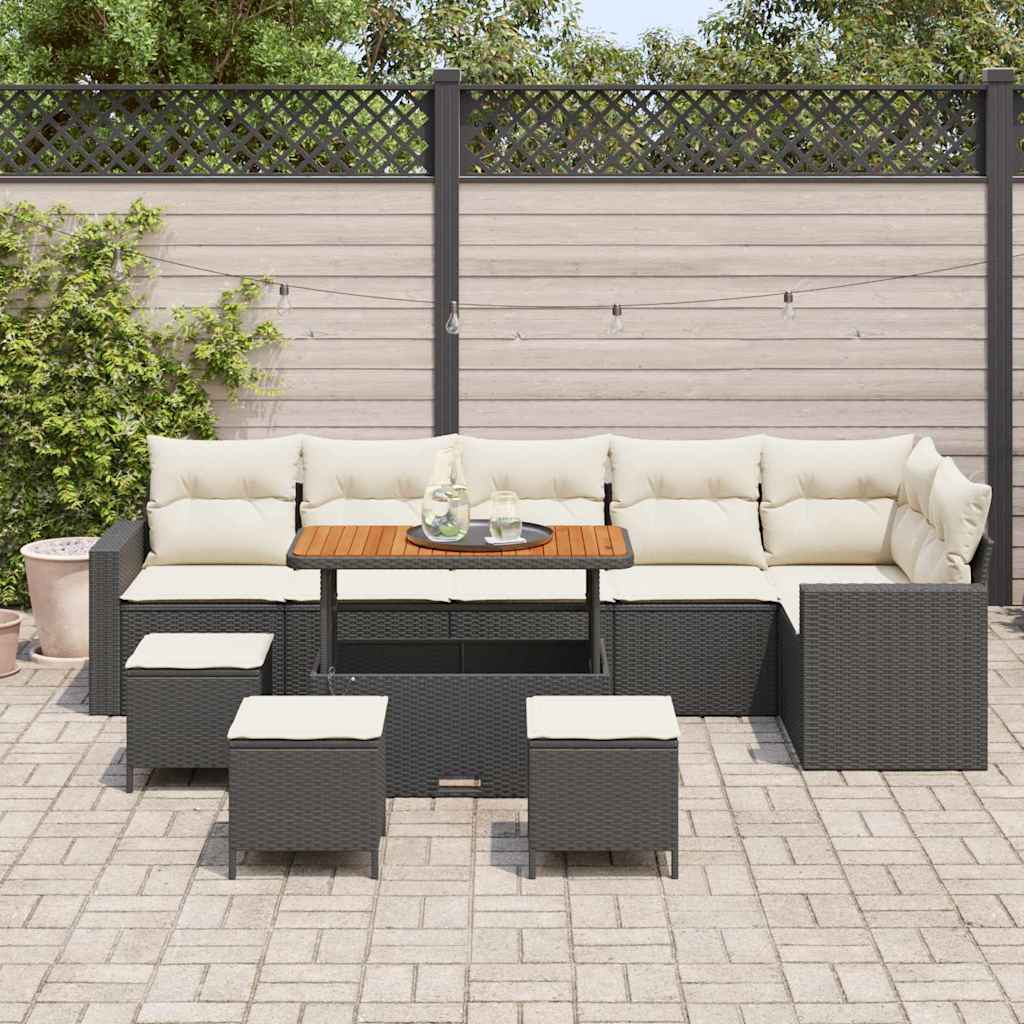 10-delig Tuinbankstel met Kussens in Zwart van Poly Rattan en Acacia