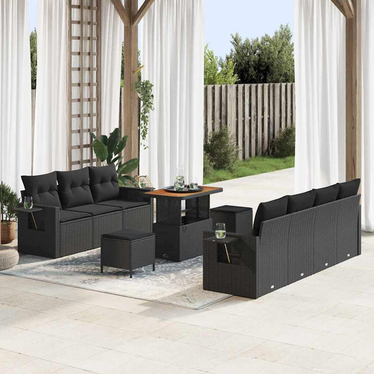 10-delig tuinbankstel met kussens in zwart, poly rattan en acacia.