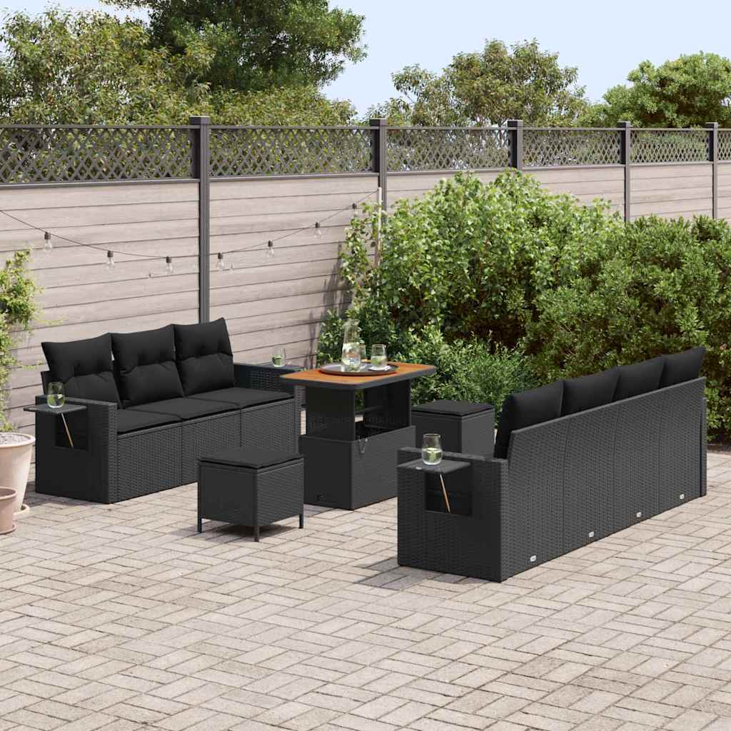 10-delig tuinbankstel met kussens in zwart, poly rattan en acacia.