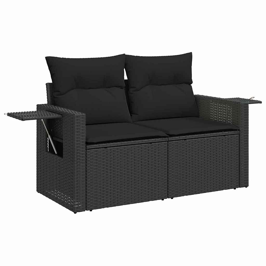 10-delig tuinbankstel met kussens in zwart, poly rattan en acacia.