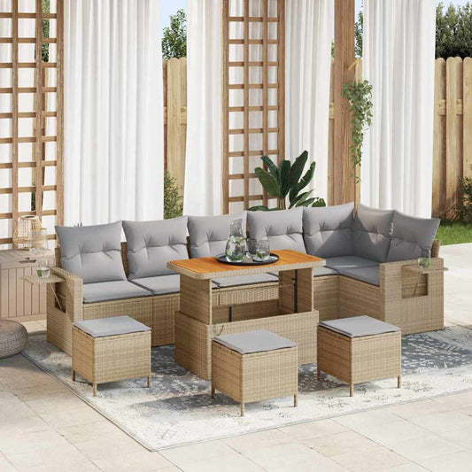 10 Delige Tuin Sofa Set met Kussens Beige Poly Rattan Acacia