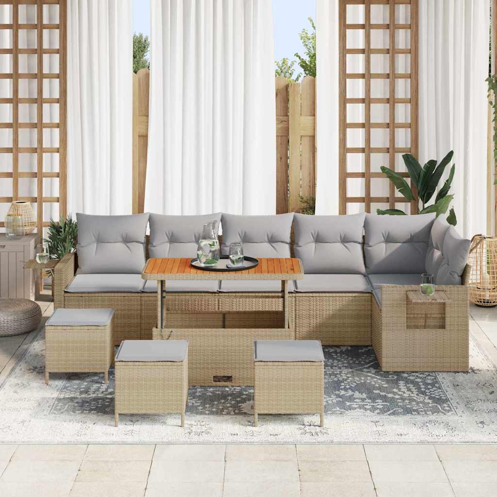 10 Delige Tuin Sofa Set met Kussens Beige Poly Rattan Acacia