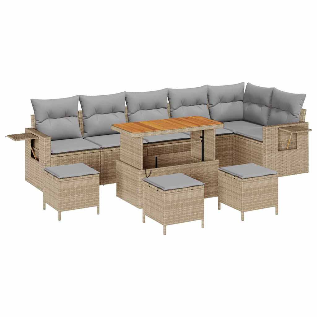 10 Delige Tuin Sofa Set met Kussens Beige Poly Rattan Acacia