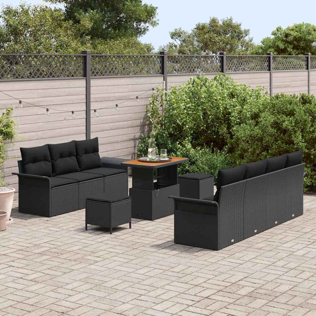10-delig tuinsofa-set met kussens in zwart poly riet en acacia.
