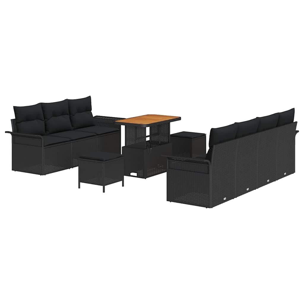 10-delig tuinsofa-set met kussens in zwart poly riet en acacia.