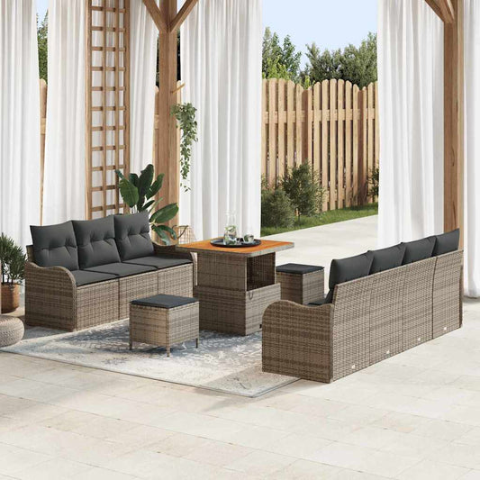 10-delige lounge set voor buiten met kussens van grijs poly rattan en acacia