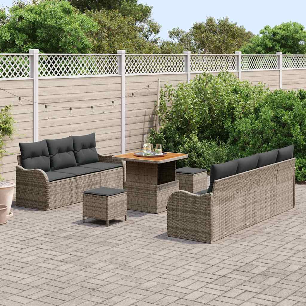 10-delige lounge set voor buiten met kussens van grijs poly rattan en acacia
