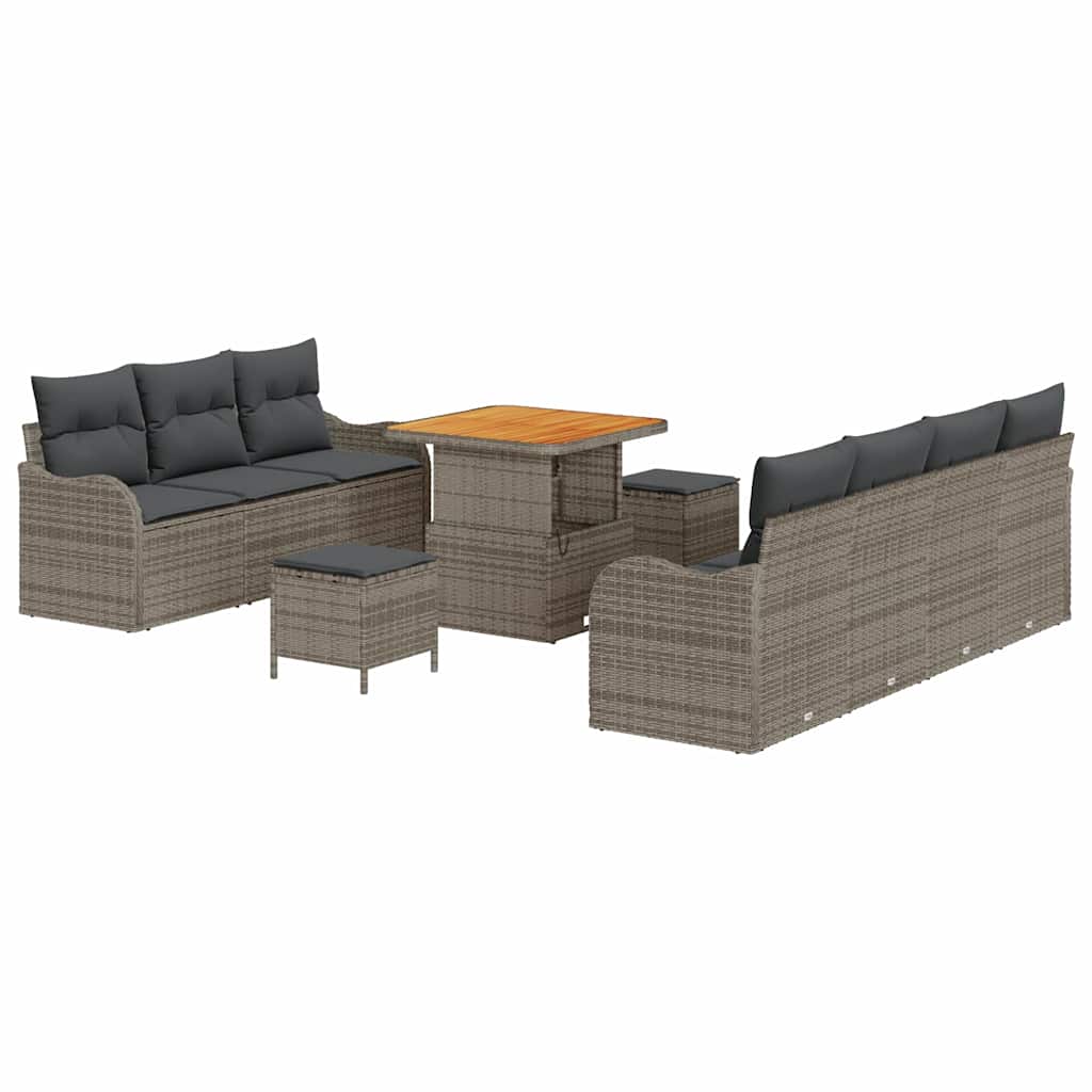 10-delige lounge set voor buiten met kussens van grijs poly rattan en acacia