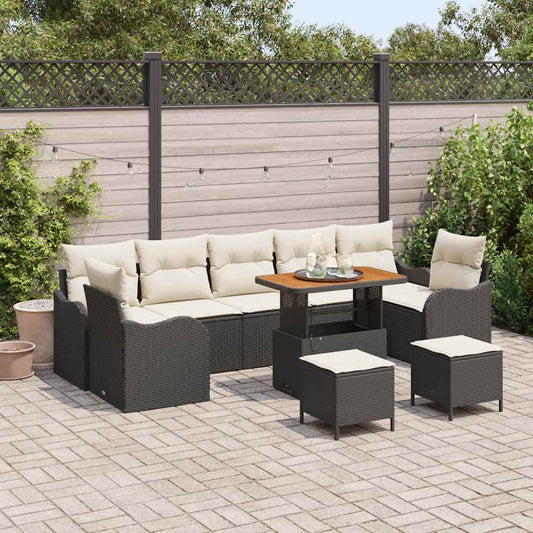 10-delig tuinset met kussens van zwart poly rattan en acacia