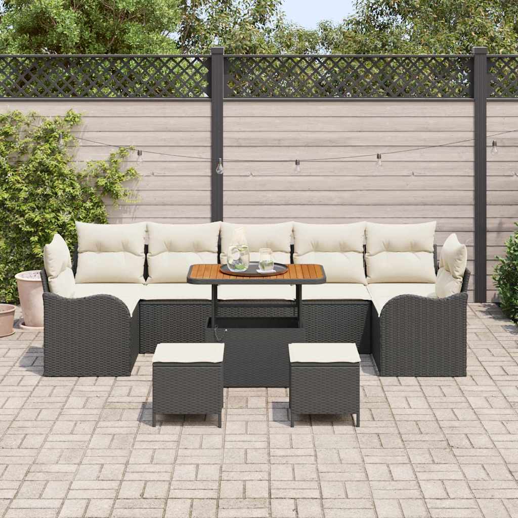 10-delig tuinset met kussens van zwart poly rattan en acacia